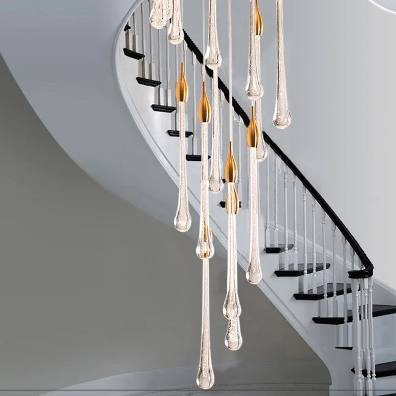 Staircase Crystal LED Chandelier Modern Light Luxury Flowing Gold Villa Long Chandelier Duplex Attic Decorative Lighting Fixture