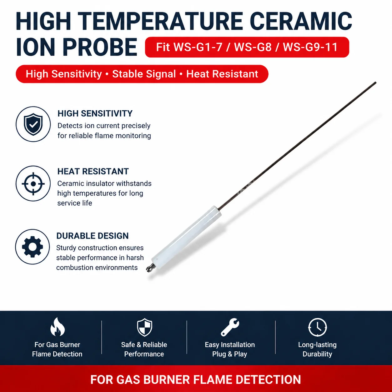 High Temperature Ceramic Large Straight Ion Probe Fit WS‑G1‑7 WS‑G8 WS‑G9‑11 Combustion Heating Boiler