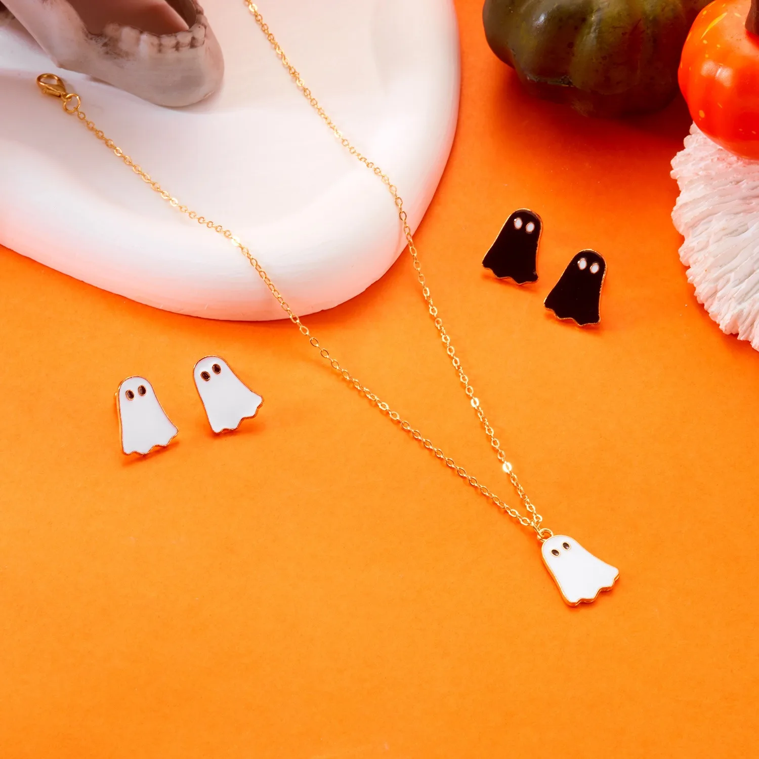 

Halloween Ghost Cartoon Monster Stud Earrings Simple Pendant Necklace For Women Girls Clavicle Chain Festival Party Jewelry Gift