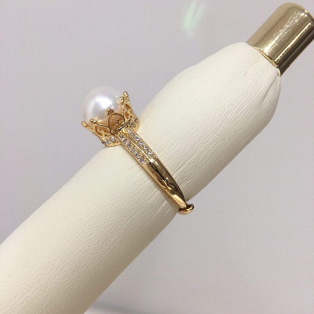 Cute AAA  Akoya 7-8mm 8-9mm Round White Pearl Pearl Ring Exquisite 925 Silver Micro Set Zircon Crown Ring