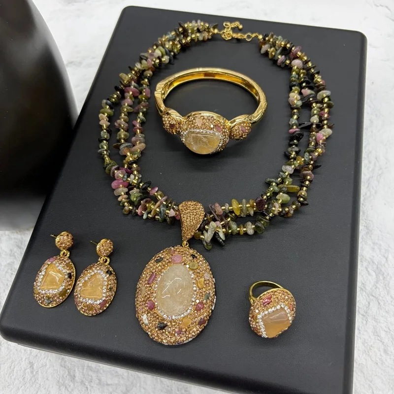 Vintage 4pcs Necklace Earring Ring Bracelet Crystal Stone Jewelry Sets for Women Natural Amethyst Tigers Eye Statement Jewelrys