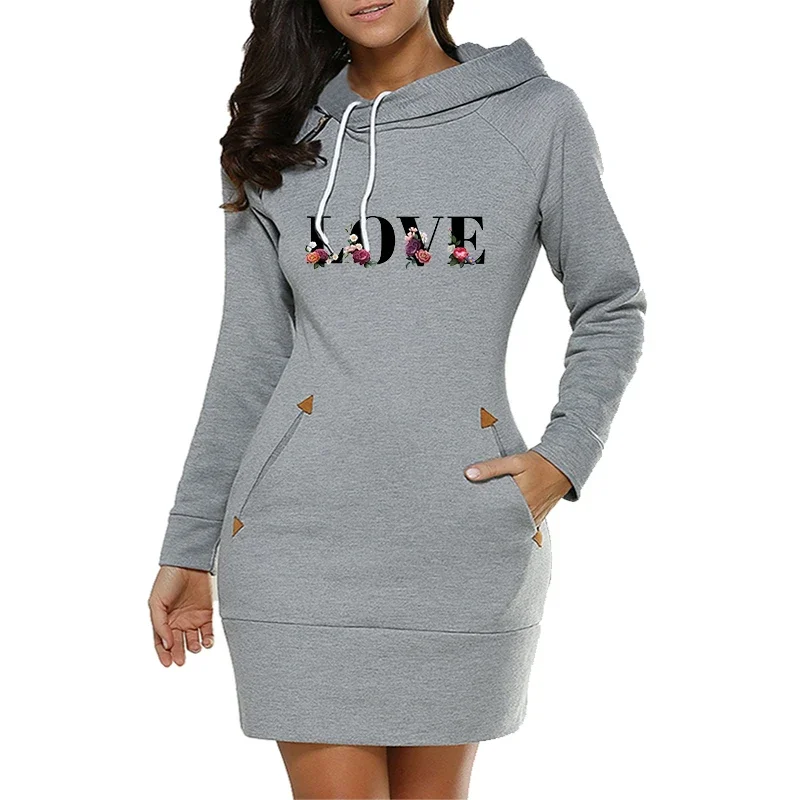 LOVE Letter Printing Womens Dress Fashion Knee-Length Hooded Frock Side Zip Neckline Sports Autumn Warm Fleece DailyCasual Skirt