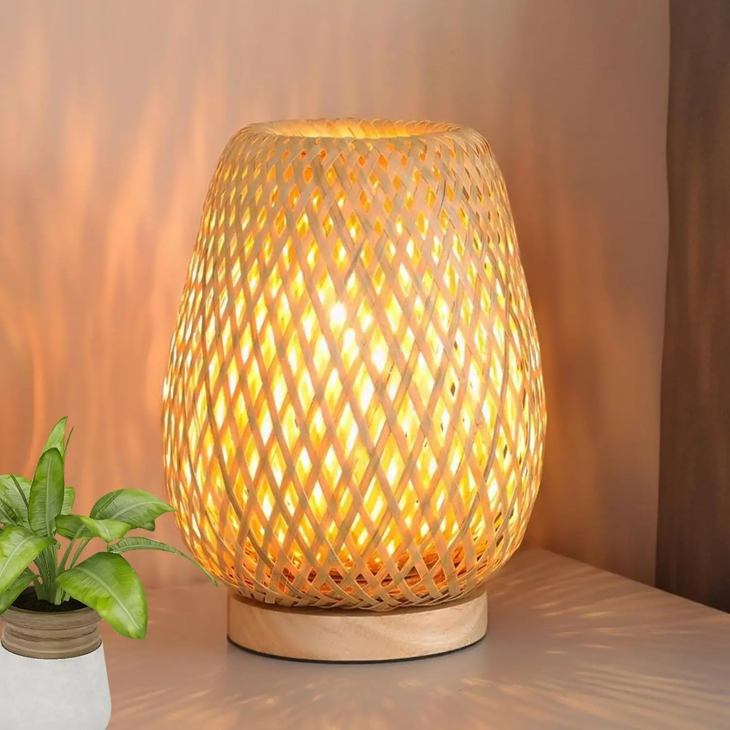 

Boho rattan table lamp, 9.25'' handwoven vintage wooden bedside lamp for bedroom, living room, desk, hallway
