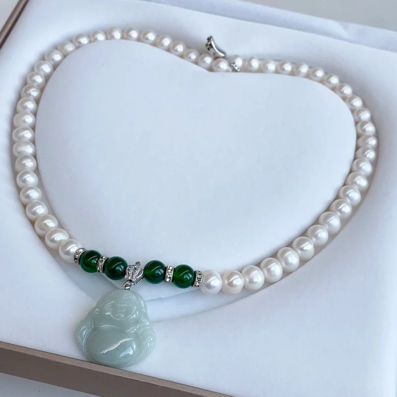 8-9Mm Natural Freshwater Pearl Necklace Jadeite Jade Buddha Pendant S925 Silver
