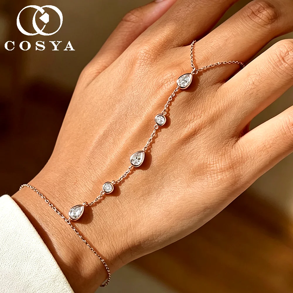 COSYA Pear Moissanite Bracelets Adjustable Finger Chain for Women S925 Silver Plated 18K Gold Wrist Link Dainty Fine Jewelry
