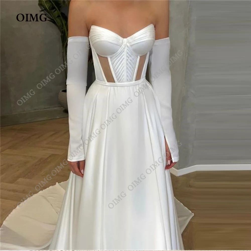 

OIMG Elegant Long A Line Satin Wedding Dresses Gowns Long Sleeves Sweetheart Formal Pricness Bride Bridal Gown Dress Vestidos