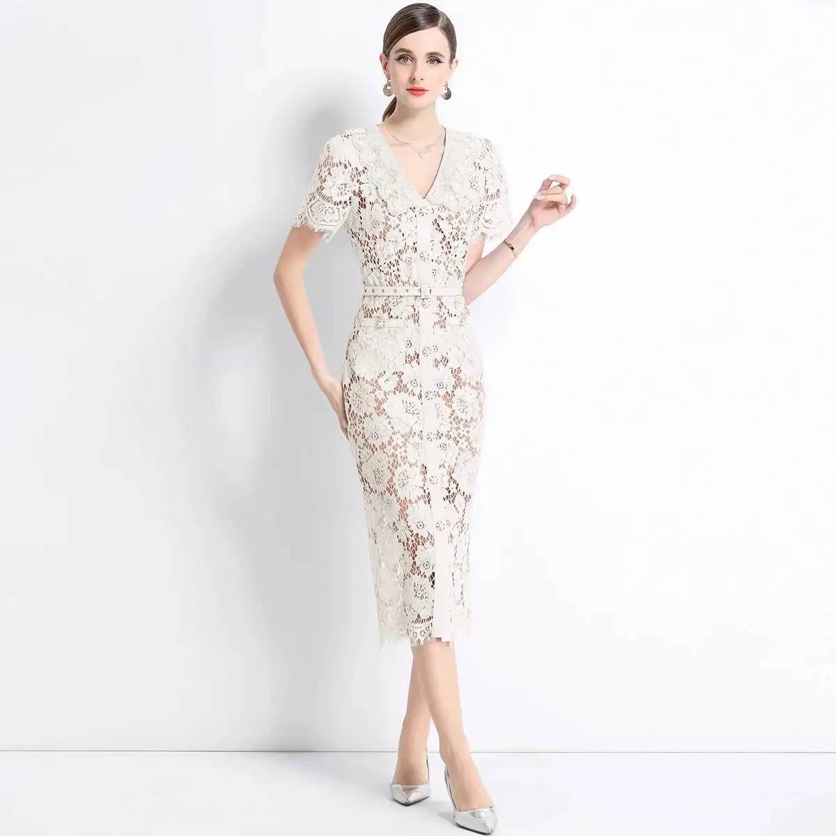 

Женское праздничное платье-карандаш средней длины, длинное кружевное платье с коротким рукавом, бусинами и бриллиантами для выпускного вечера, лето