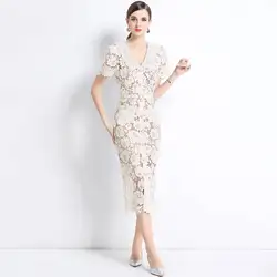 Quality Women Dress Summer Holiday Short Sleeve Beading Diamonds Embroidery Lace Pencil Party Prom Evening Midi Long Dresses