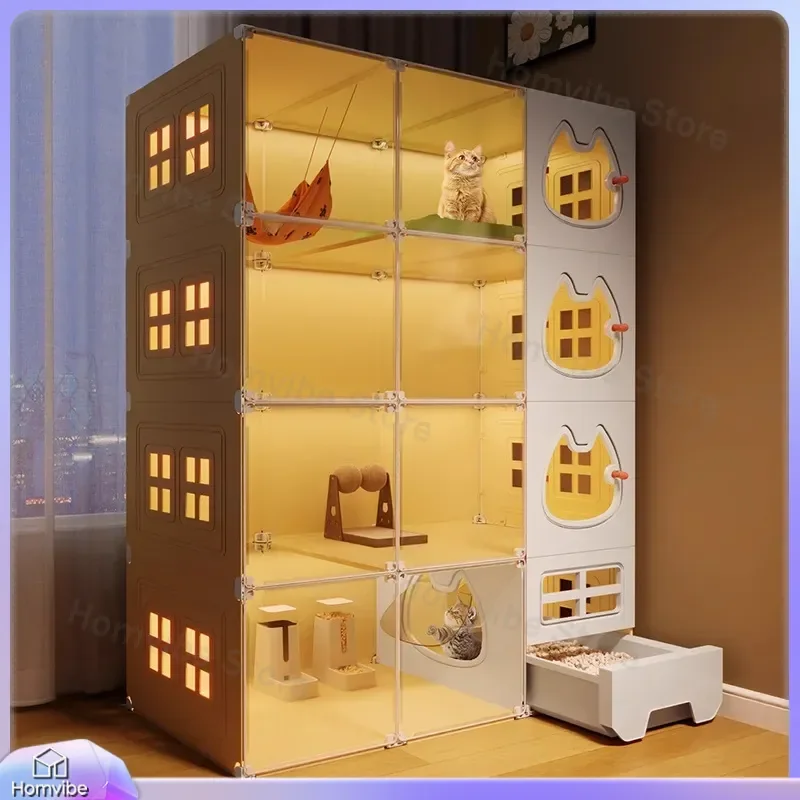 Large Cat Cabinet Villa Indoor Cage Furniture Free Space House Nest Litter Box Integrated One Room Living Bathroom Pet Home