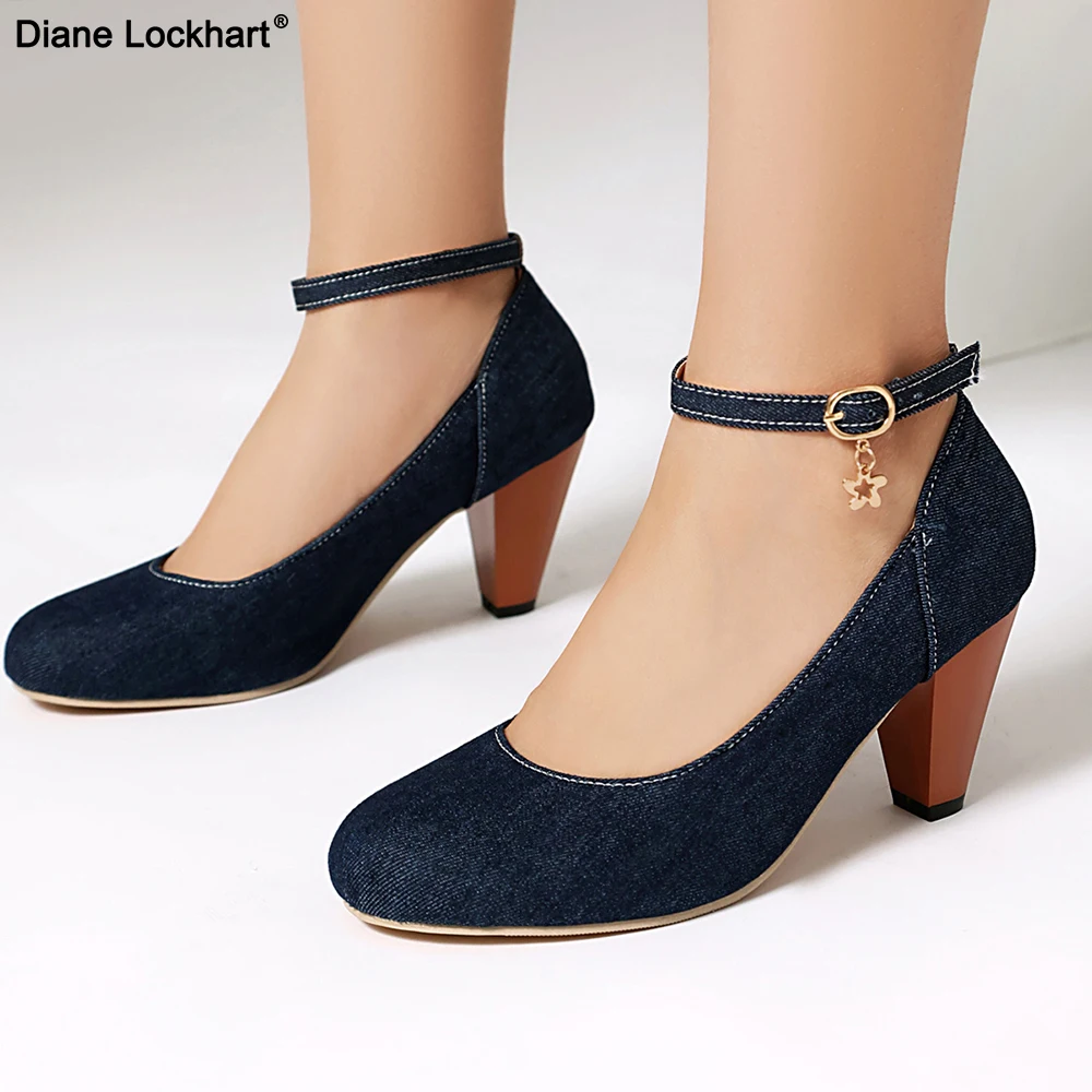

Navy Blue Women Denim Cloth High Heels Round Toe Ankle strap OL Ladies Pumps Female 2025 New Prom Shoes Big Size 42 43 Free ship