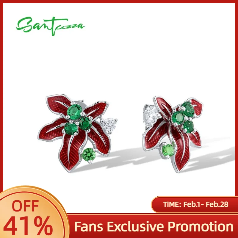 

SANTUZZA Real 925 Sterling Silver Poinsettia Earrings For Women Sparkling Red & Green Christmas Flower Chic Enamel Fine Jewelry