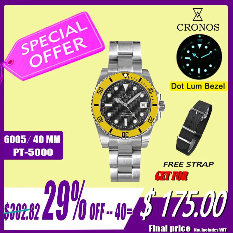 

Cronos Diver Luxury Men's Watches Stainless Steel Flate Crystal Carbon Fiber Dial Brushed Bracelet Ceramic 20Bar Water Resistant