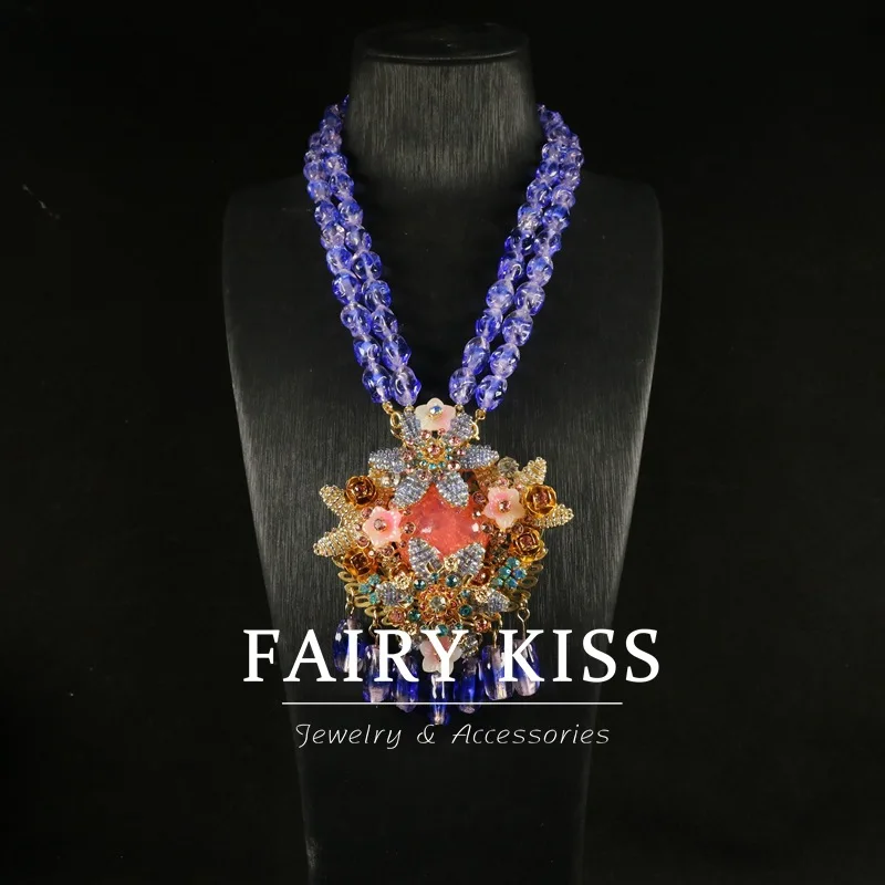 

Retro Grand multi-layer glass bead necklace detachable necklace diamond woven flowers statement jewelry