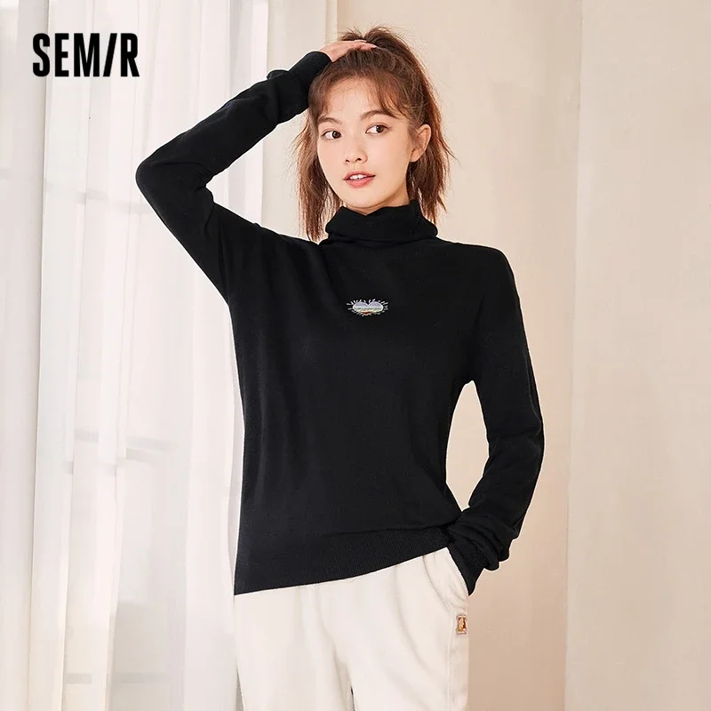 Semir Knit Sweater Women 2024 New Autumn Stacked Collar Embroidery Inner Turtleneck Fun Peplum Sweater