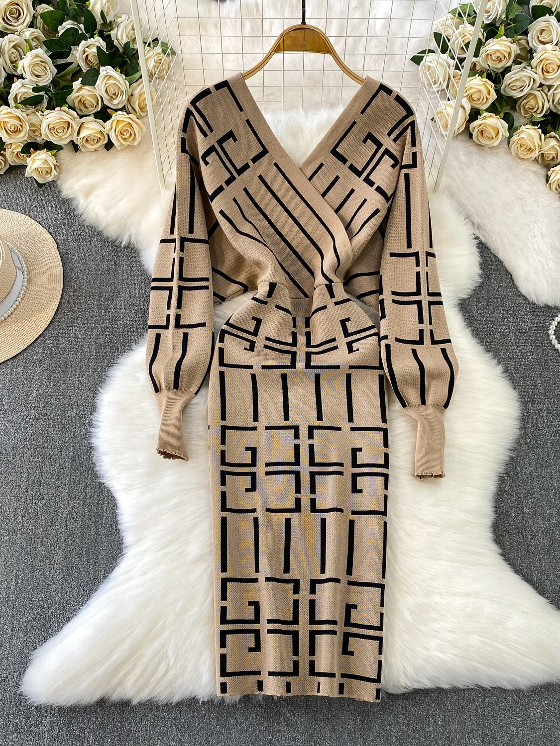 

Трикотажное платье для похудения с рисунком «летучая мышь» и V-образным вырезом для женщин, зимнее платье с высокой талией Faion Ci Commute Sle