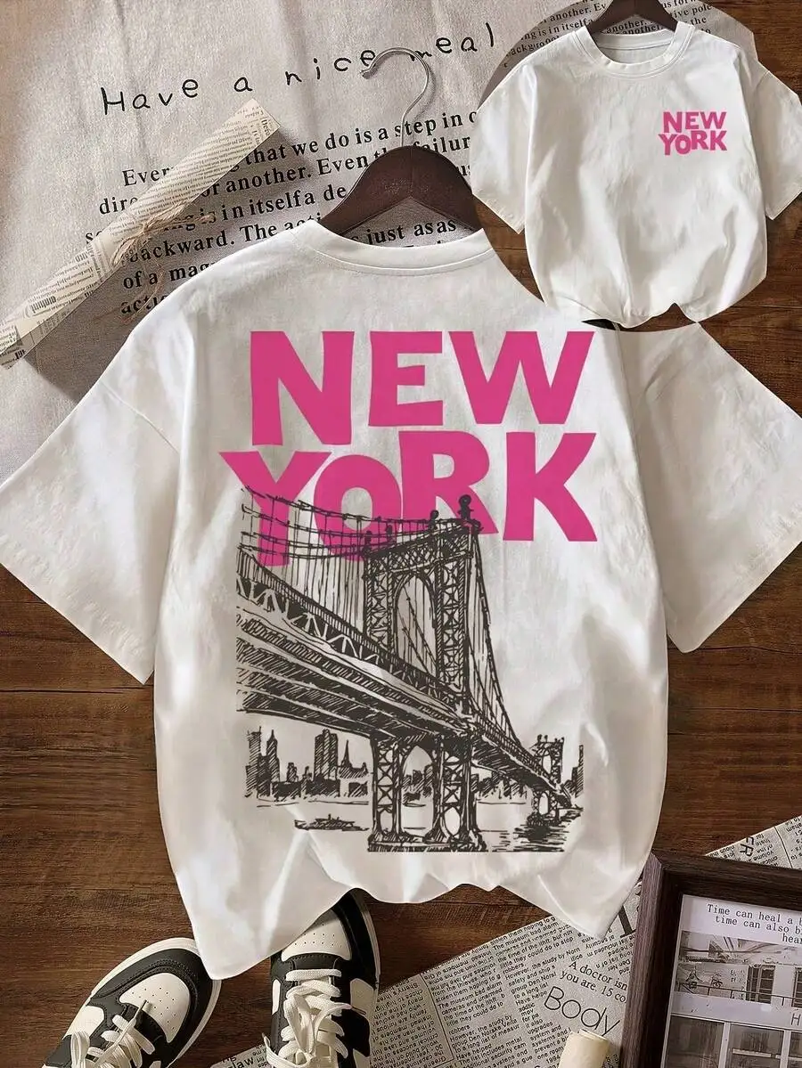 New York City Slogan Print Back-To-School Vintage Women's T-Shirt, Casual Round Neck Short-Sleeved T-Shirt.