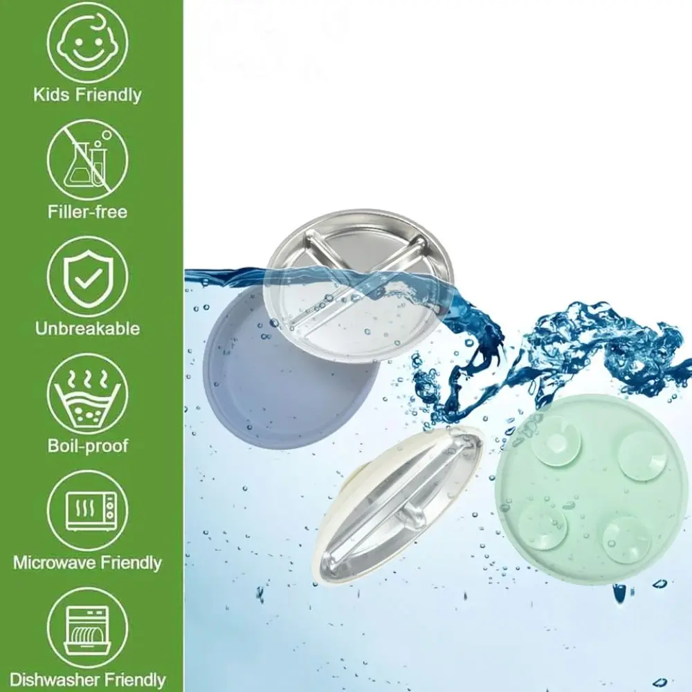 لوحات كأس شفط بتصميم مقسم 304 من الفولاذ المقاوم للصدأ وغطاء من السيليكون لوحة طعام مصاصة الطفل مادة آمنة غير قابلة للانزلاق