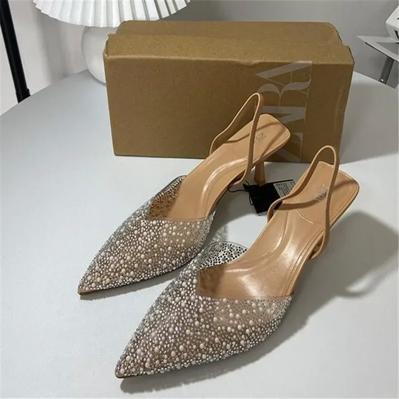 Fashion Summer Women High Heels Pearl Decoration Slingback Woman Pumps Pointed Toe High Heels Sandals Elegant Woman Shoes