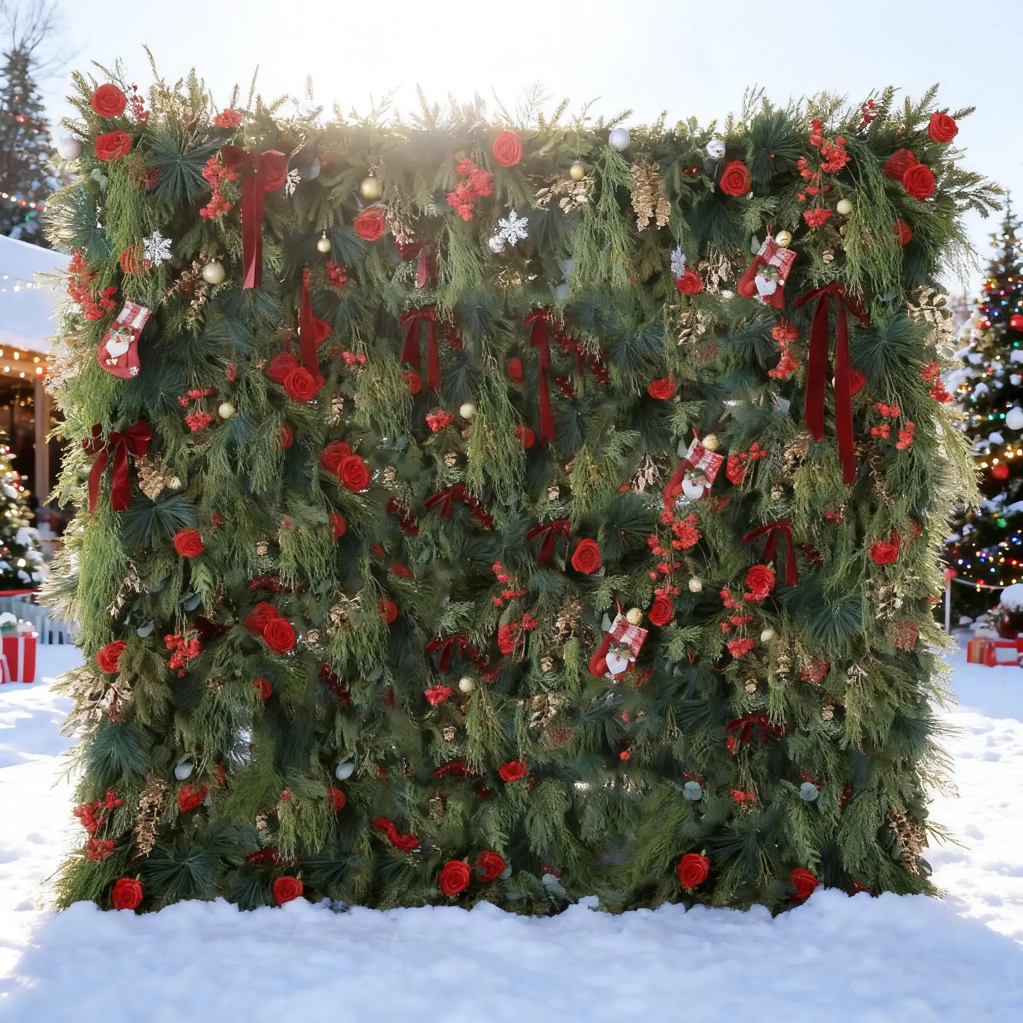 

Uflower 8x8 Feet Christmas Floral Fabric Backdrop Curtain Artificial Rollable Wall for Holiday Events Decorative Festive Design