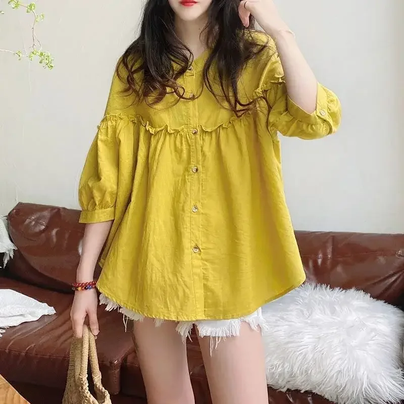 Spring and Summer Korean Edition Reduced Age Casual Loose Fit Round Neck Versatile Sweet Fluffy Single Breasted Doll Shirt V10