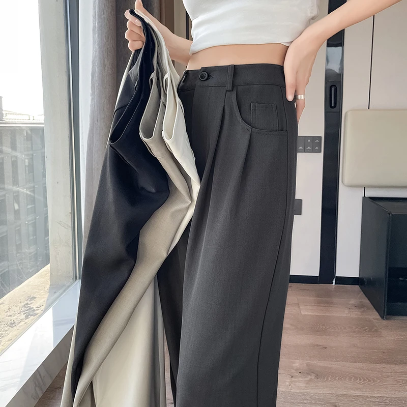 New Women'S Summer Thin Straight Tube Loose Hanging Feeling Floor Trousers Fashion Versatile High Waist Wide Leg Casual Pants