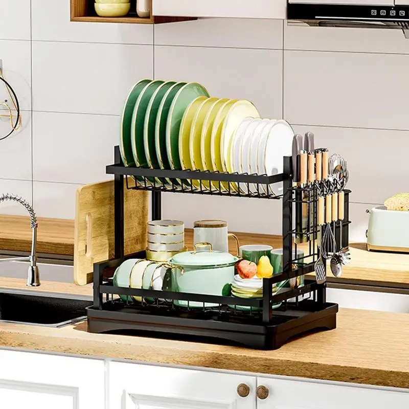 Dish Drying Rack Stable Iron Dish Drainers Racks With Hooks Space-Saving Multifunctional Storage Racks Draining Rack With