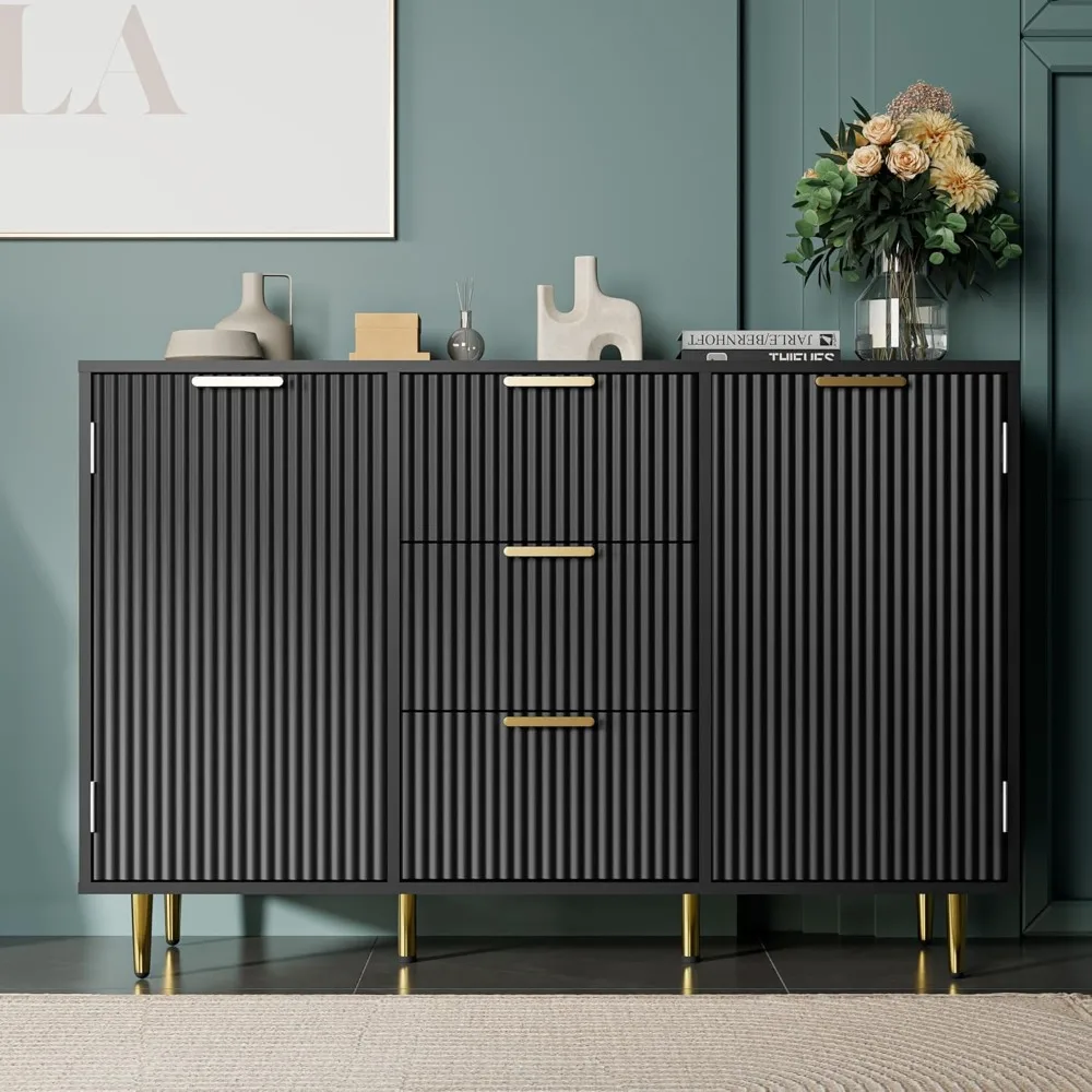 Mobiletto decorativo moderno con 3 cassetti e 2 ante, credenza da cucina con ripiani regolabili, nero