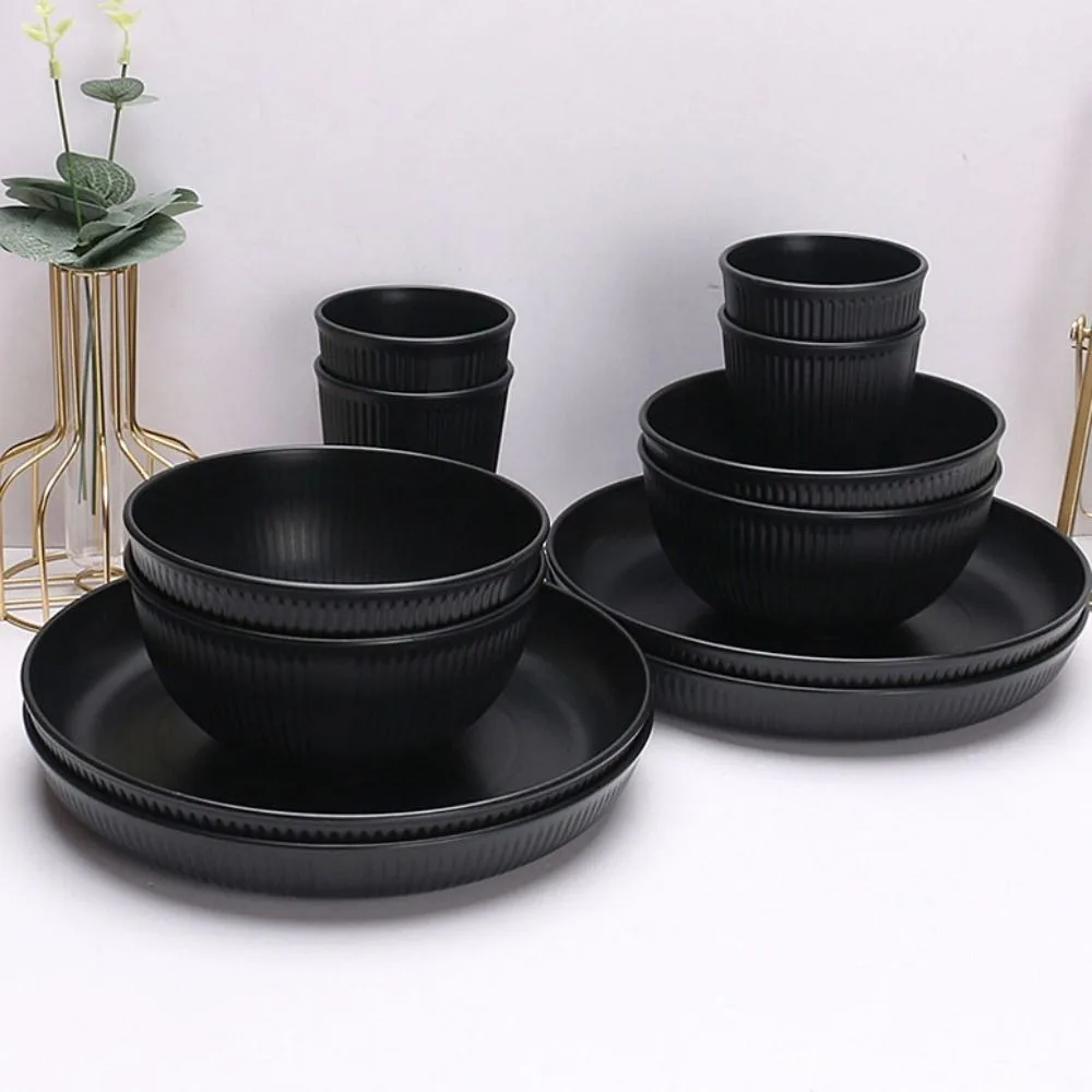 

3pcs/set Kitchen Supplies Plastic Black Tableware Set Vertical Stripes Anti-fall Cutlery Set Plate/Bowl/Cup Dinner