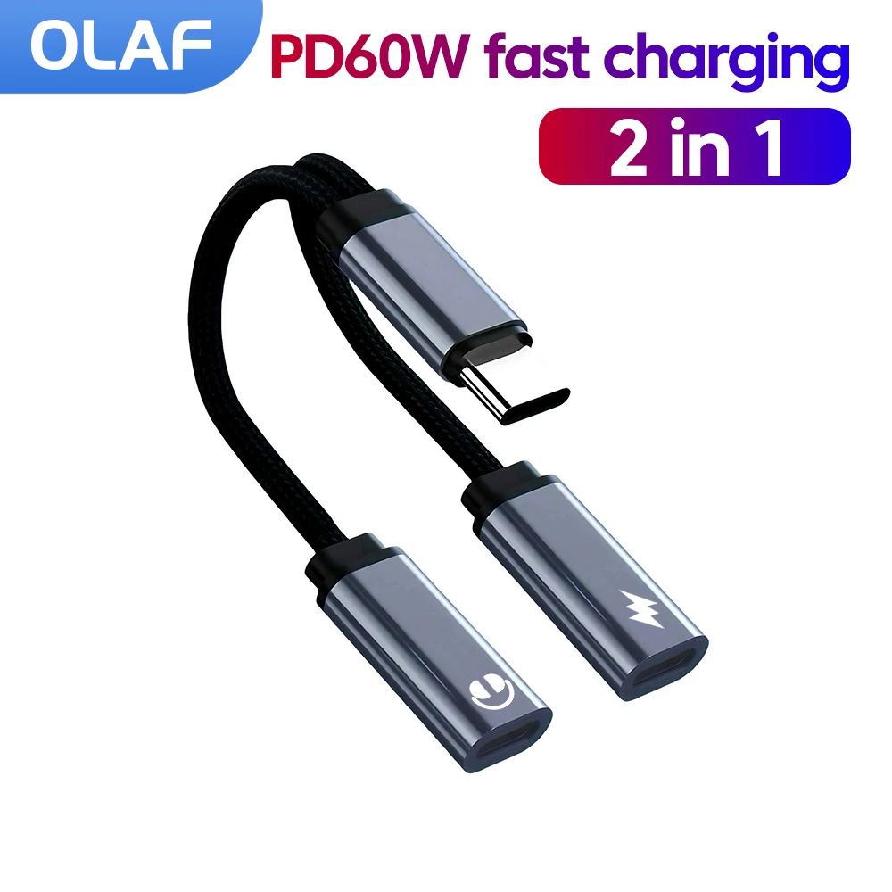 

OTG 2 в 1 USB C-разветвитель на двойной разъем USB C для наушников Аудио адаптер PD60W Быстрое зарядное устройство для Samsung Huawei iPhone 15 Xiaomi