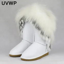 New Fashion Big Natural Fox Fur Snow Boots Real Cow Leather Women High Boots Winter Long Boots Rabbit Fur Tassels Non-slip Shoes