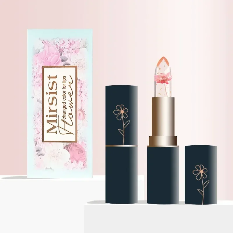 Cosmetics Mirsist Dark Blue Tube Clear Dry Flower Lipstick Gold Leaf Jelly Color Changing Moisturizing Lip Balm for Women