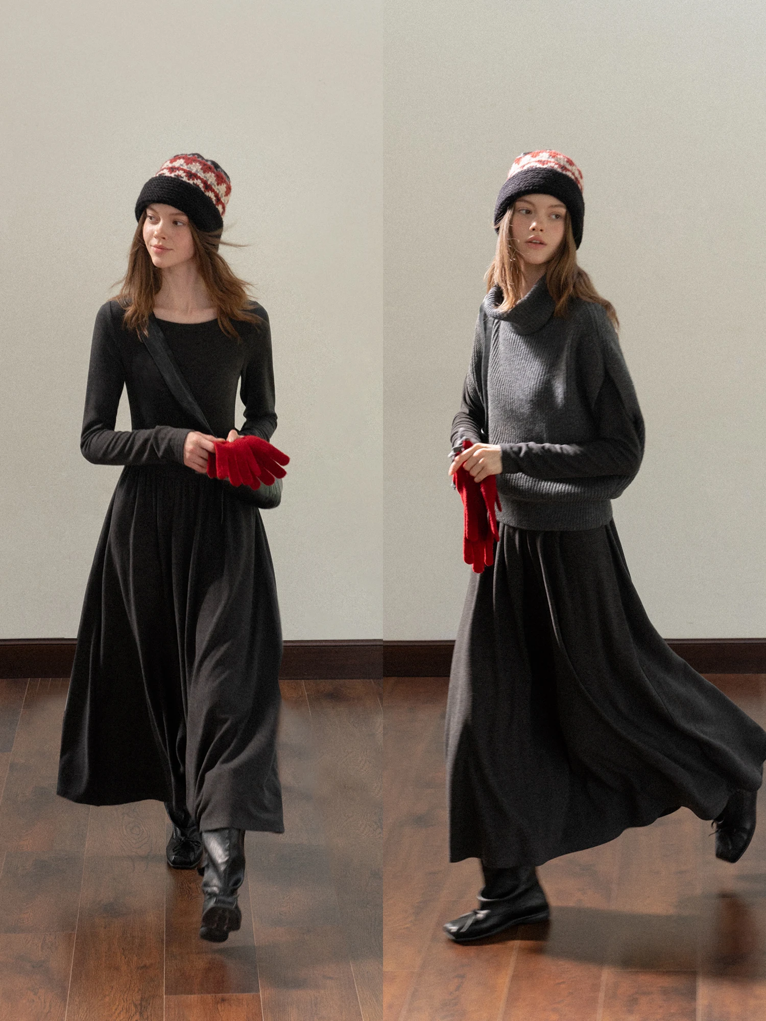 

EGGKA High Collar Knitted Dress Long Sleeve round Neck Commute Casual Style Women's Polyester Fiber Loose Fit Daily Wear