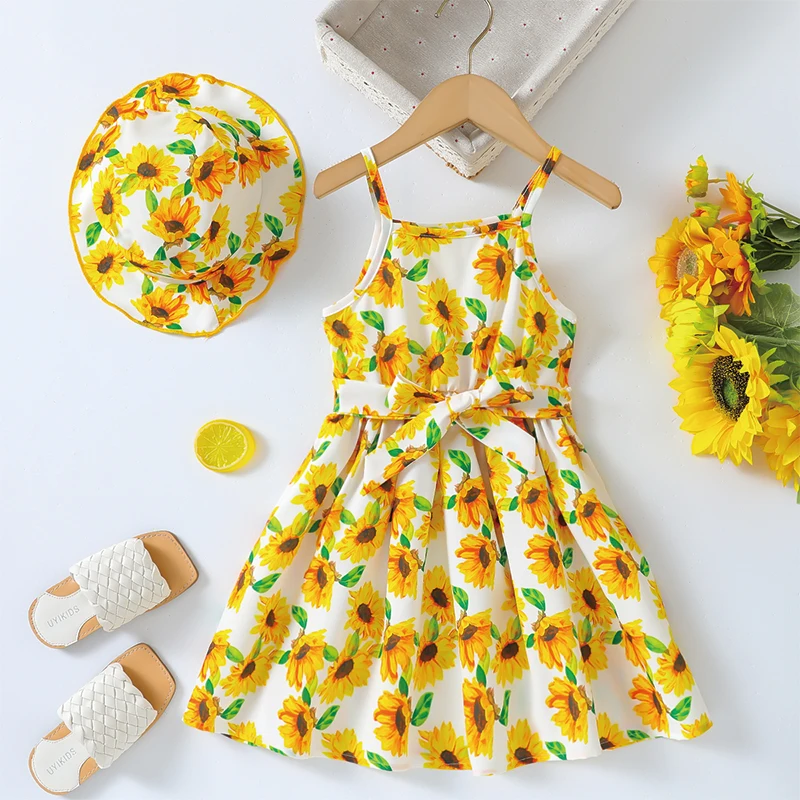 Yellow Cute and Elegant Young Girl\'s Sunflower Pattern Dress with Hat