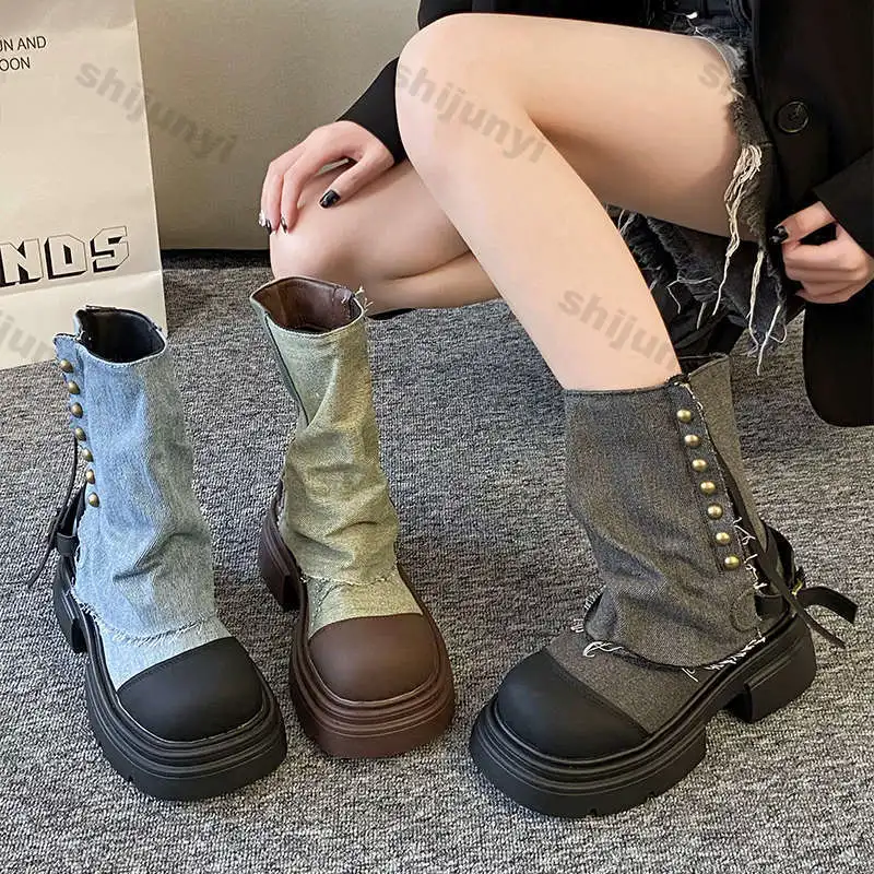 Women Boots British Fashion Pants Leg Boots 2024 New Thick Soled Rivet Zipper Belt Buckle Platform Anti Slip Cowboy Short Boots