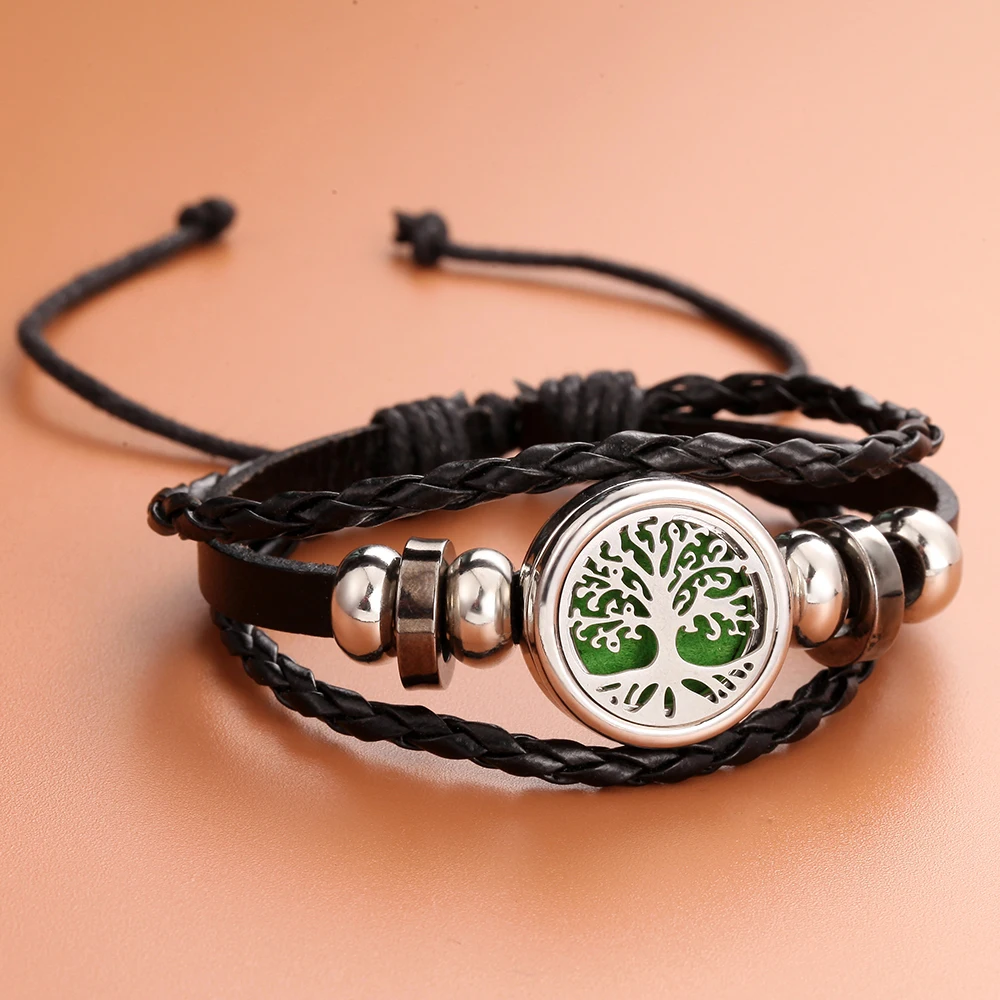 Black Leather Aromatherapy Bracelet Bangle Adjustable Leather Bracelet Perfume Essential Oil Diffuser Bracelet Locket Jewelry