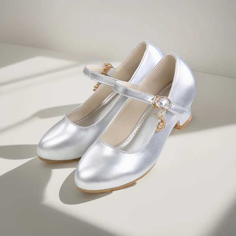 Zapatos de cuero de tacón alto para niñas, sandalias de baile para espectáculo de estudiantes, vestido de rendimiento, princesa blanca, 28-41