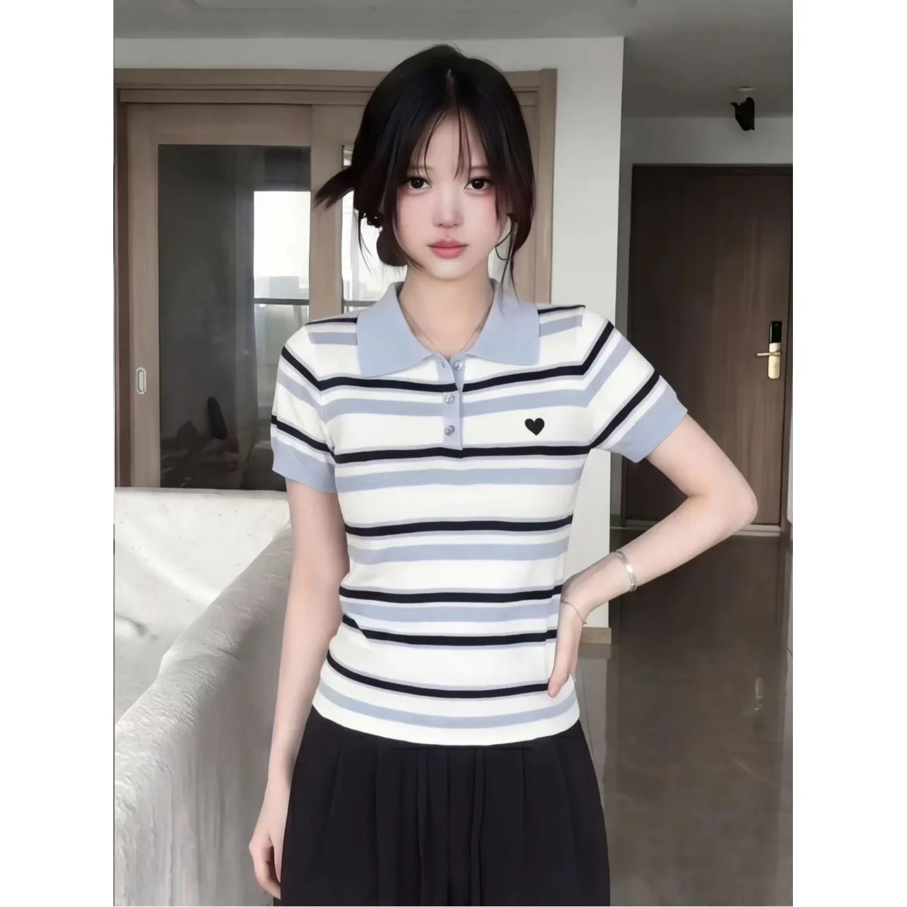 Breathable Short Sleeve Knitted Shirt Women's Korean Style Summer New Fashion Youthful Flip Collar Embroidered Color Block Top