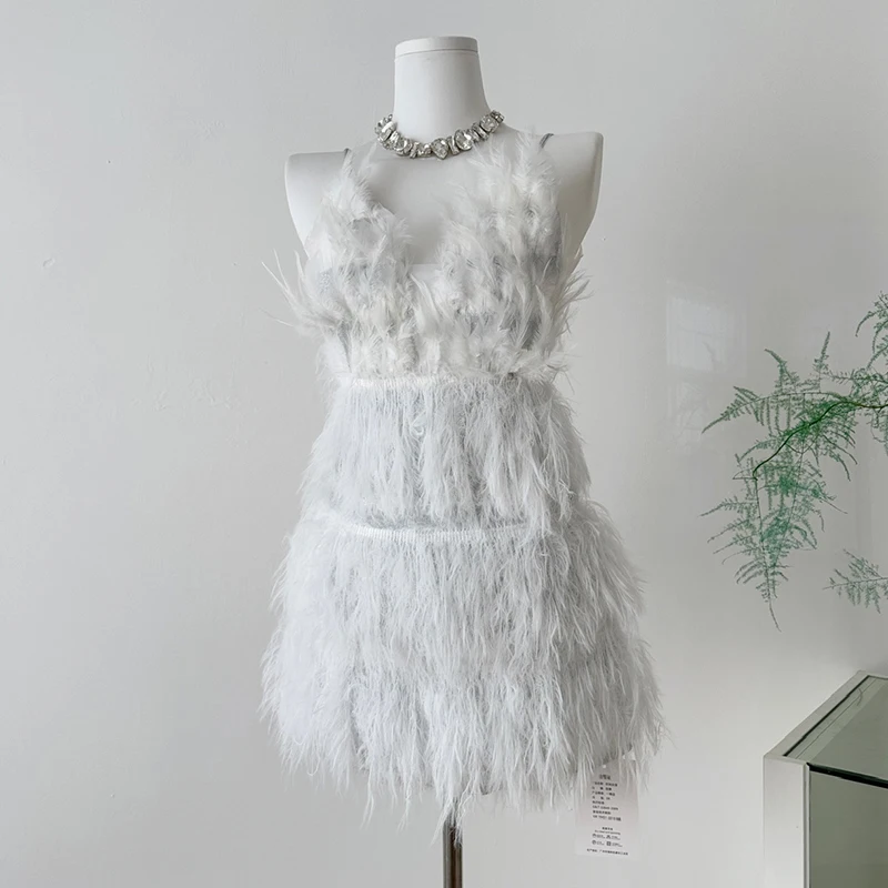 

Feathers Spaghetti Strap Dress Sexy Deep V-neck Backless Evening Party Short Dresses Female 2026 New Zip Up Dress Vestidos Mujer