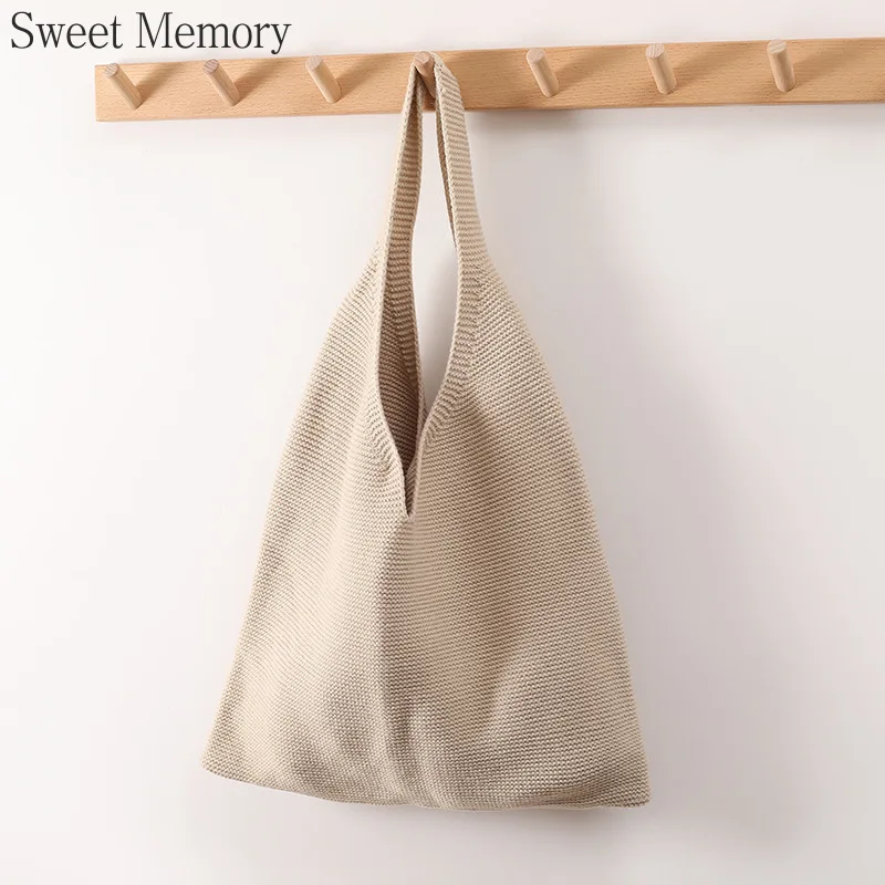 Sweet Memory Lady Knitting Woolen Tote Bag Women Crochet  Fashion Open Shopper Top-handle Bag Daily Handbag