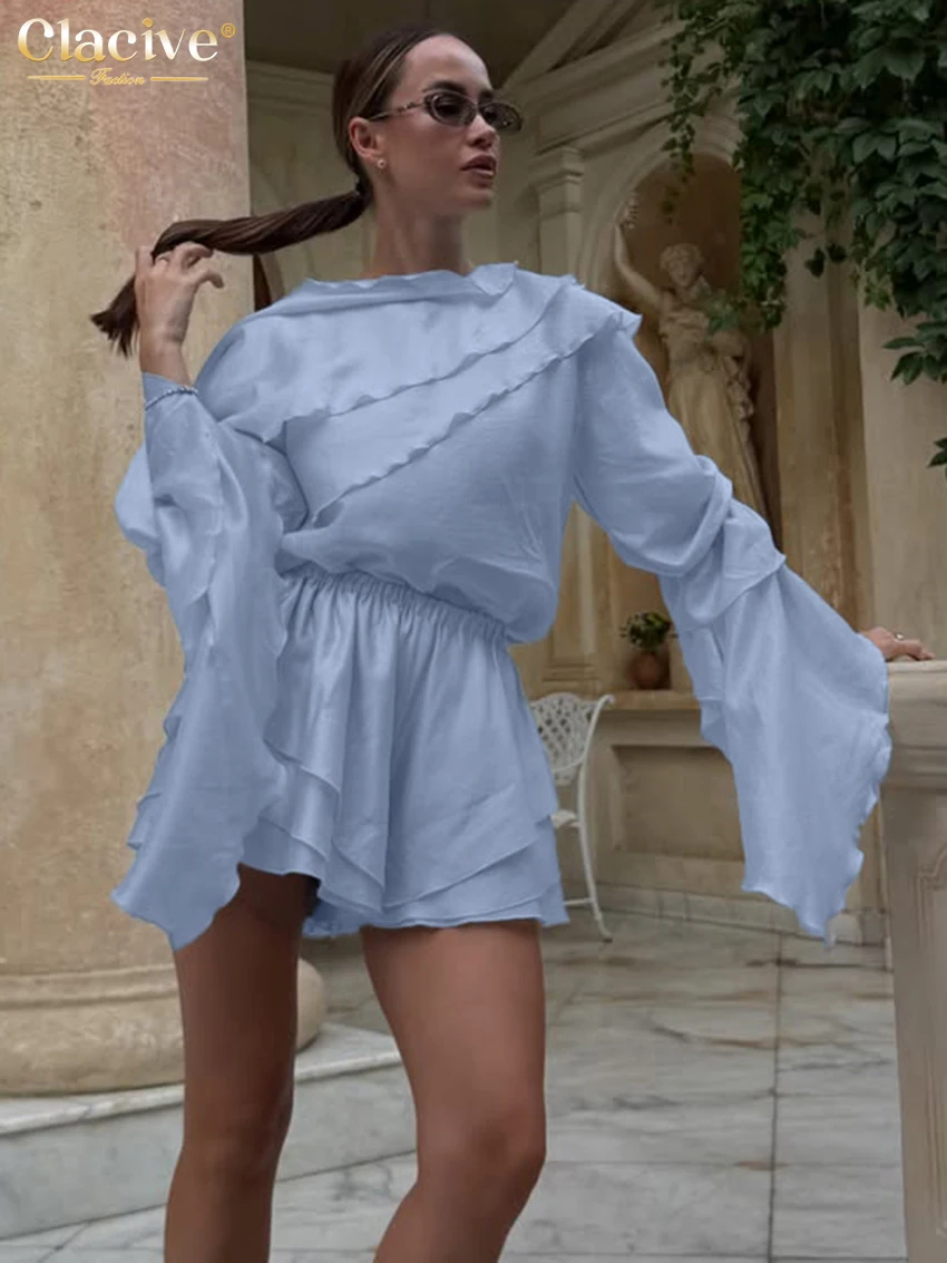 Clacive Fashion Loose Blue Ruffles Shorts Set 2 Piece Woman Elegant Long Sleeve Shirt With High Waist Shorts Set Female Clothing