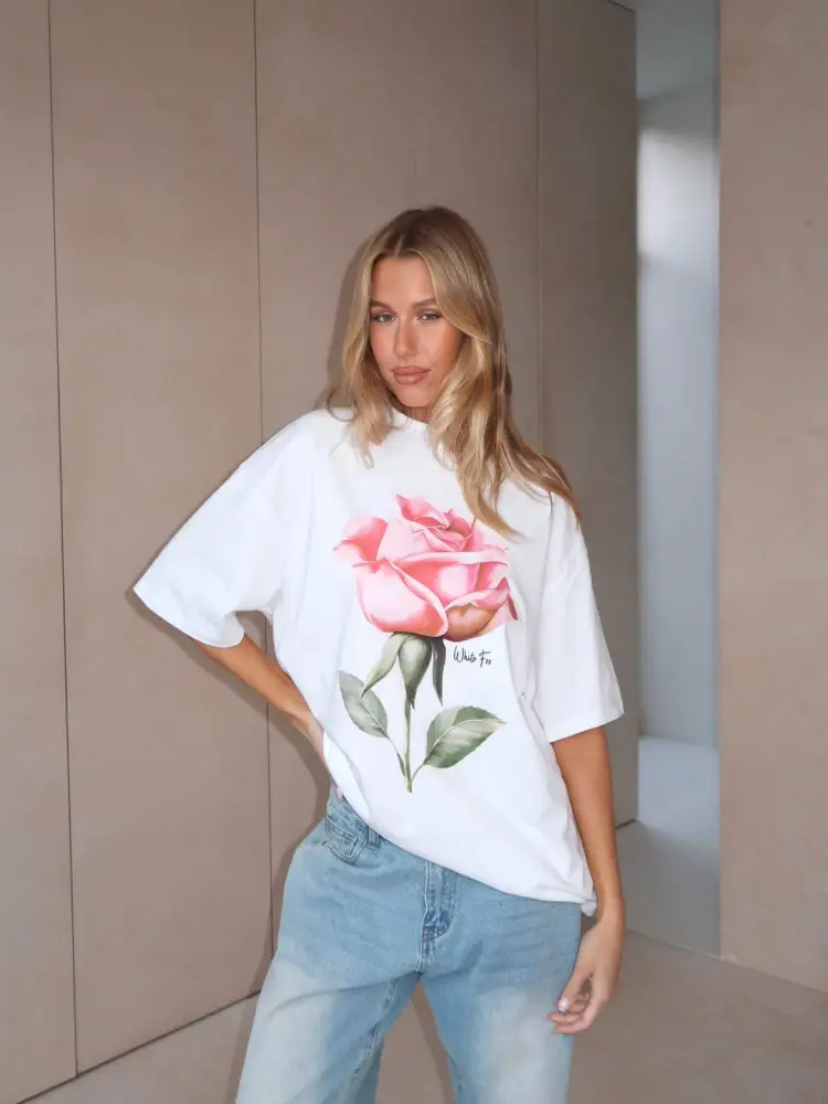JHYF American Retro Oversize Hand-drawn Graffiti Rose Flower Short Sleeve T-shirt Women's Street Style Cotton round Neck Top
