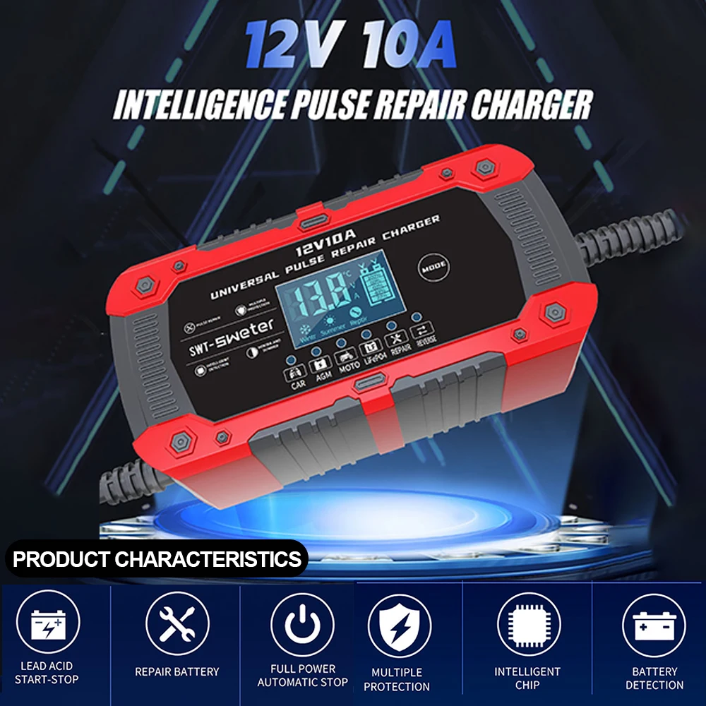 12V 10A Automotive Battery charger for Car Motorcycle Batteries Fast Charging Lifepo4 AGM GEL WET Lead Acid Smart Pulse Repair