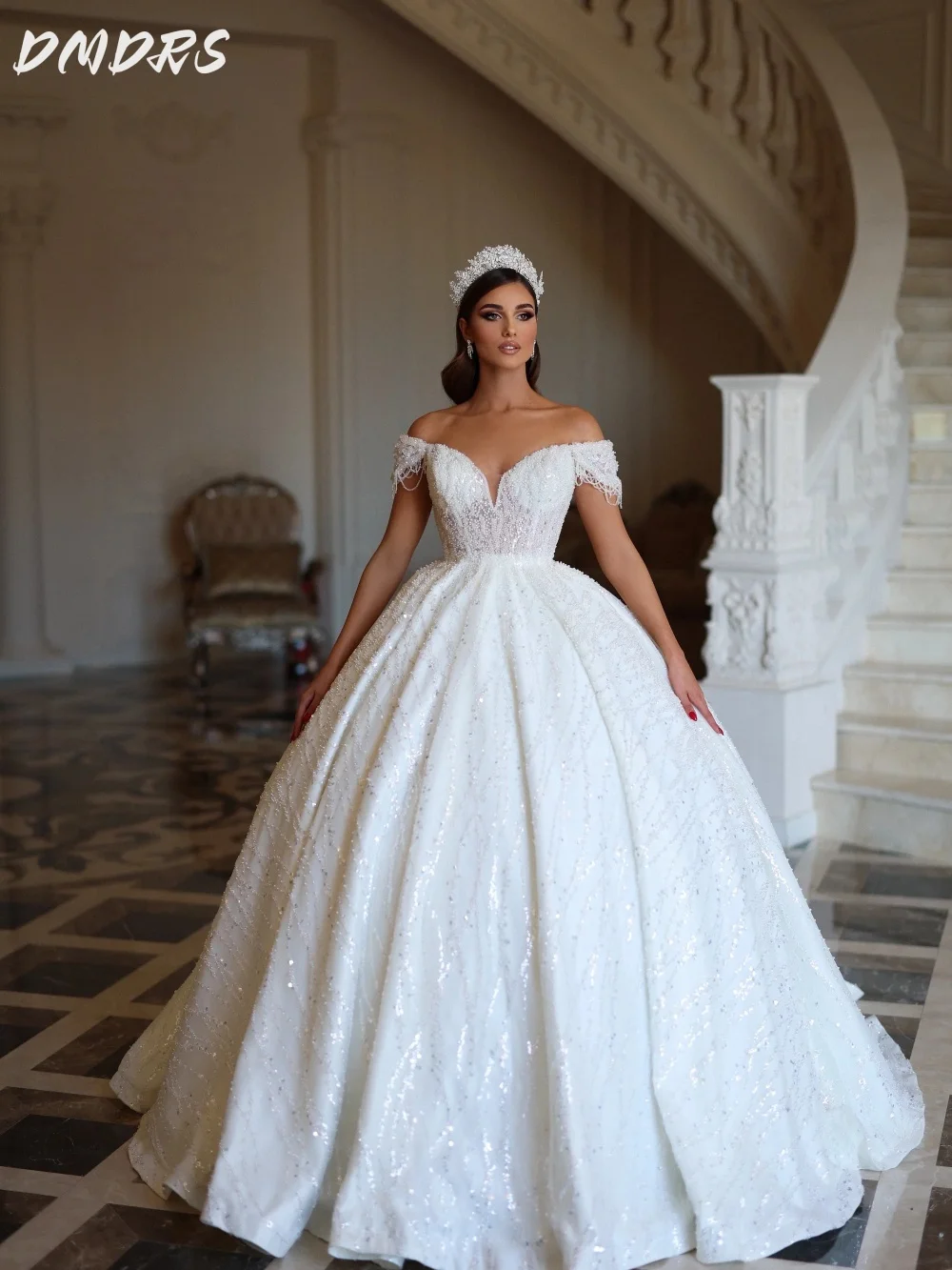 Sexy Off-shoulder Wedding Dress 2025 Charming Lace Bridal Gown Formal Round Neck Sequined Floor-length Gown Customized