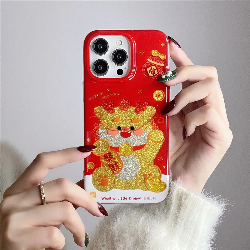 

Cute Cartoon Gold Glitter Dragon Mobile Phone Case For IPhone12 13 13ProMax 14 14Pro 14ProMax 15 15Pro 15ProMax Chinese New Year