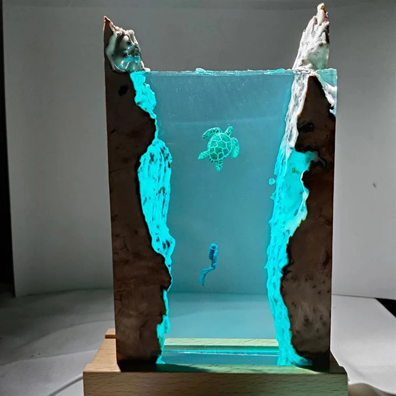 Seabed World Organism Resin Table Light Colorful Creactive Art Decoration Lamp Diver Turtle Theme Night Light USB Charge