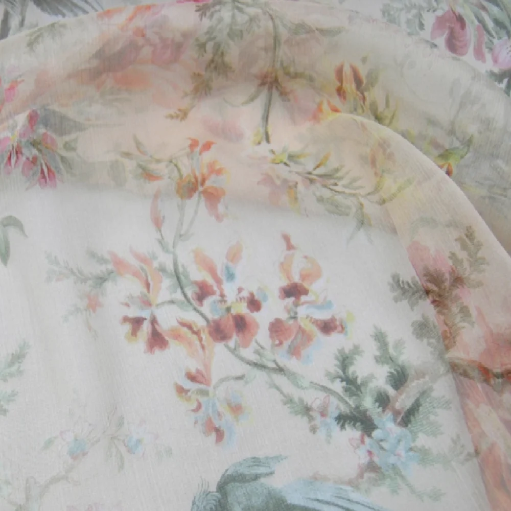 Newest Floral Bird Nice Printed 100% Pure Silk Crinkle Chiffon Georgette Fabric for Lady Summer Elegant Dress Kimono view 5