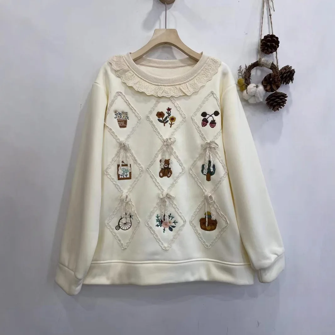 Japanese Sweet Mori Girl Lace Flower Embroidery Fleece Sweatshirts Women Autumn Winter Long Sleeve Casual Loose Hoodies Tops