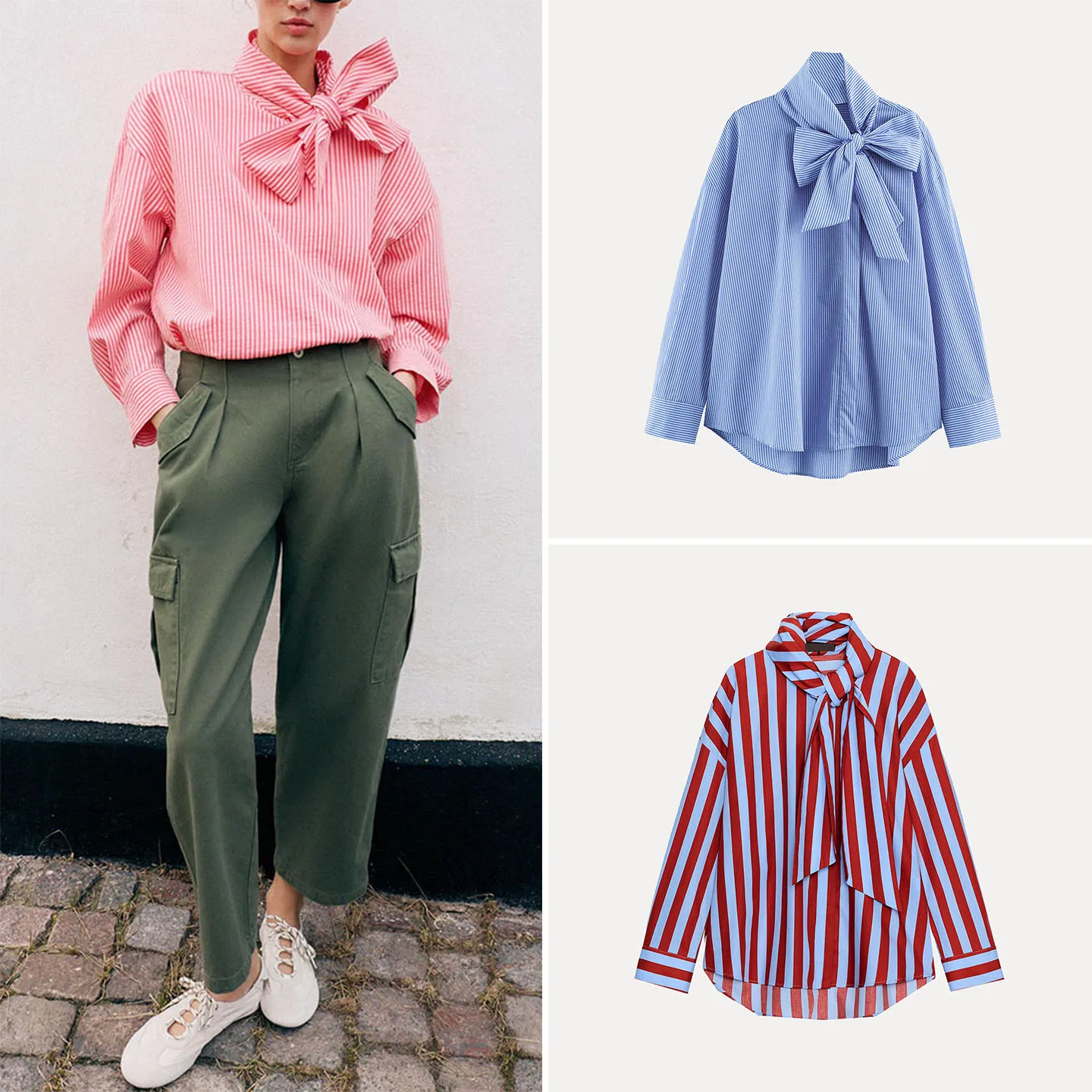 ZADATA Women's Long Sleeve Striped Shirt Stand Collar Knot Autumn 2026 New Arrival Fashion Ladies' Shirt