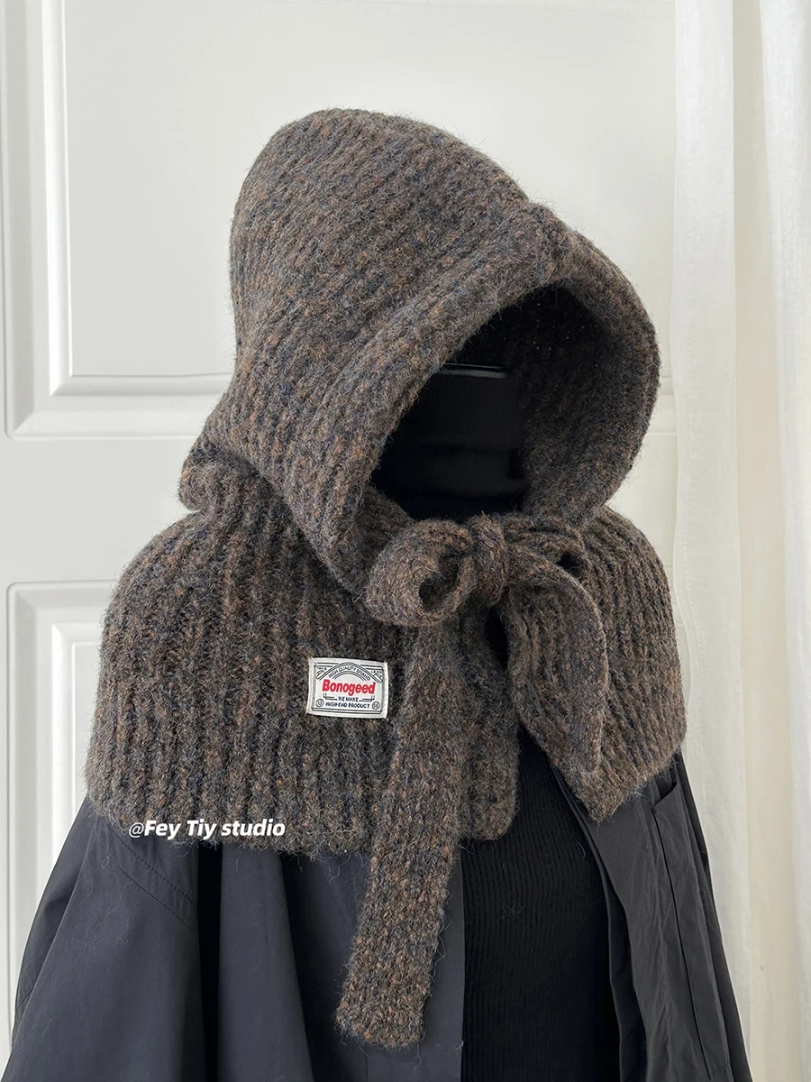 

Длинная толстая шерстяная Балаклава, вязаный пуловер, шапка, пояс на пуговицах, шапки-ушанки, шейный платок, комплект, женский зимний теплый модный капюшон для езды