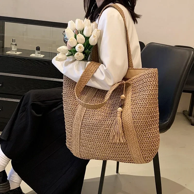 

Elegant Ladies Straw Woven Handbag Women Holiday Beach Commute Casual Tote Top-Handle Bags Fashion Retro Shoulder Bags